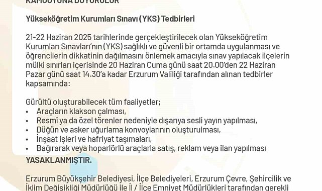 Erzurum Valiliği'nden YKS önlemleri