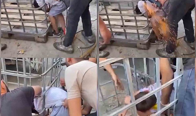 Kafesin parmaklıklarına sıkışan çocuk, demir kesilerek kurtarıldı