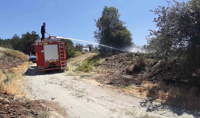 Kuru otlar alev aldı, köylüler toprakla söndürdü