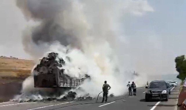 Mardin'de saman yüklü tır alev alev yandı