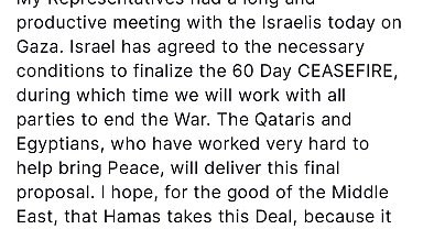 ABD Başkanı Trump'tan Gazze'de ateşkes açıklaması: "İsrail 60 günlük ateşkese dair koşulları kabul etti"