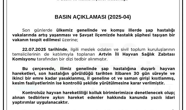 Artvin'de şap hastalığına karşı hayvan hareketleri 30 gün yasaklandı