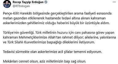 Cumhurbaşkanı Erdoğan'dan Pençe-Kilit bölgesindeki şehitler için taziye mesajı