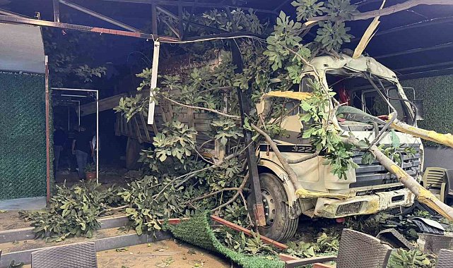 Kontrolden çıkan demir yüklü kamyon restoranın bahçesine uçtu: 2 yaralı
