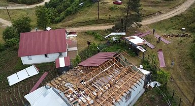 Yaylada şiddetli rüzgar ağaçları devirdi, çatıları uçurdu