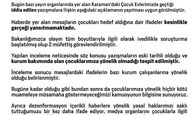 Aile ve Sosyal Hizmetler Bakanlığı: "Mesajların çocukları hedef aldığına dair ifadeler kesinlikle gerçeği yansıtmamaktadır"