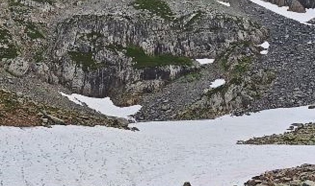 Artvin'de yaz ortasında karla kaplı göle girdiler