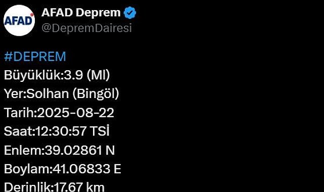 Bingöl'de 3.9 büyüklüğünde deprem