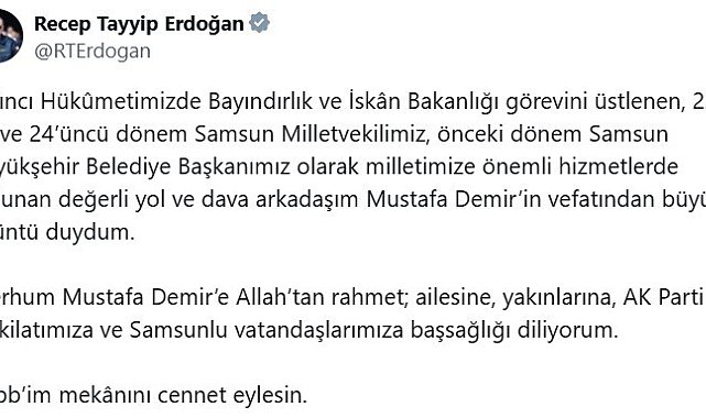 Cumhurbaşkanı Erdoğan'dan Mustafa Demir için taziye mesajı