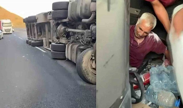 Devrilen tırda sıkışan sürücü vatandaşlar tarafından kurtarıldı