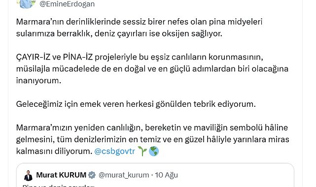 Emine Erdoğan'dan Marmara Denizi'nde başlatılan pina midyeleri ve deniz çayırları projesine ilişkin paylaşım: