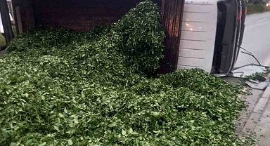 Kaza sonrası yola saçılan kamyon kasasındaki 10 ton çayı böyle temizlediler