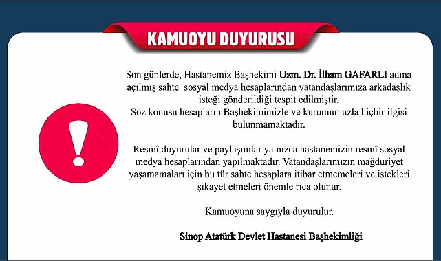 Sinop Atatürk Devlet Hastanesi'nden sahte hesap uyarısı