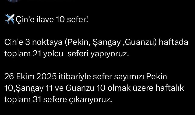 Türk Hava Yolları'ndan Çin'e 10 ek sefer
