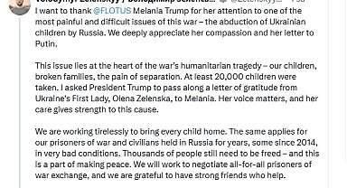 Ukrayna Devlet Başkanı Zelenskiy'den ABD First Lady'si Melania Trump'a teşekkür