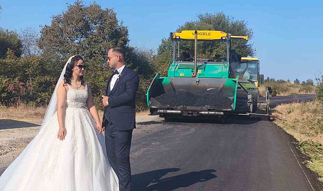Düğün fotoğrafını damadın iş yerinde sıcak asfalt dökülürken çekildiler