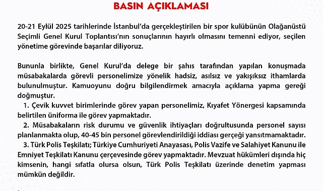 EGM, Fenerbahçe Kongresi'nde müsabakalarda görevli polislerin kıyafetlerini hedef alan ithamlara suç duyurusunda bulundu