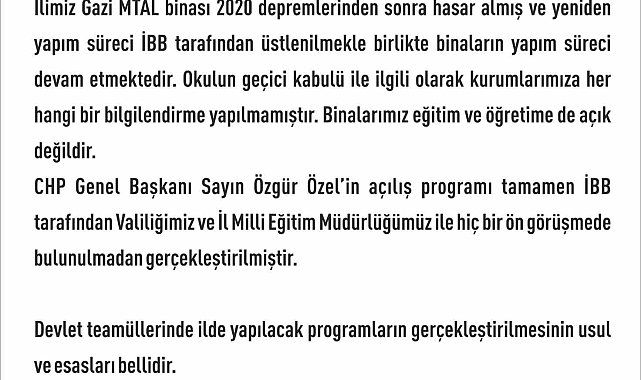 Elazığ Valiliği'nden Özgür Özel'in açılışını yaptığı okulla ilgili açıklama