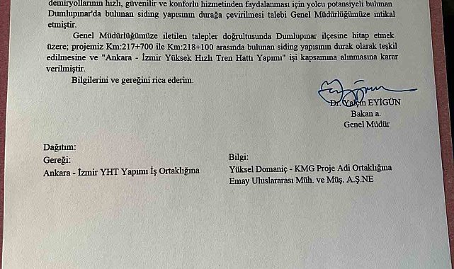 Kütahya Dumlupınar'a hızlı tren durağı müjdesi