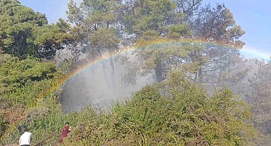 Orman yangınında uçaktan atılan su gökkuşağı oluşturdu