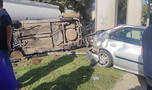 Otomobille çarpışan araç takla atarak durabildi