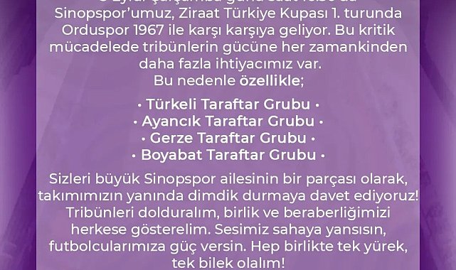 Sinopspor taraftarından destek çağrısı