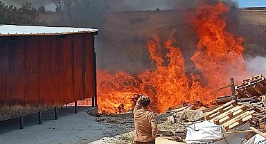 Tekirdağ'da palet fabrikasından alevler yükseldi: Yüzlerce palet alev alev yandı