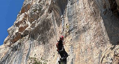 Uçurumda mahsur kalan keçi, itfaiye ekiplerince kurtarıldı