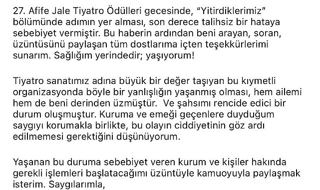 Afife Jale Tiyatro Ödülleri'nde akılalmaz hata: Oyuncu Alper Atak hayatını kaybedenler arasında anıldı