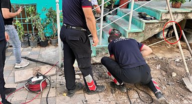 Merdiven boşluğuna sıkışan yavru kediyi itfaiye ekipleri kurtardı