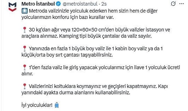 Metro İstanbul'da "valiz için ek ücret" dönemi