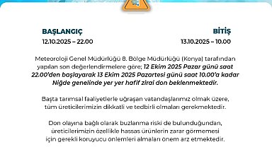 Niğde Valiliğinden zirai don uyarısı