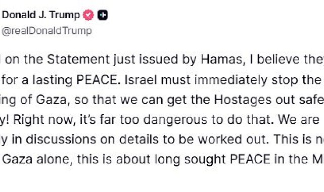 Trump, Hamas'ın ateşkes planını kısmen kabul etmesini değerlendirdi: "Açıklamalarına bakılırsa, kalıcı bir barışa hazır olduklarına inanıyorum"