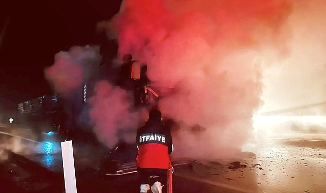 Hareket halindeki tır alev topuna döndü