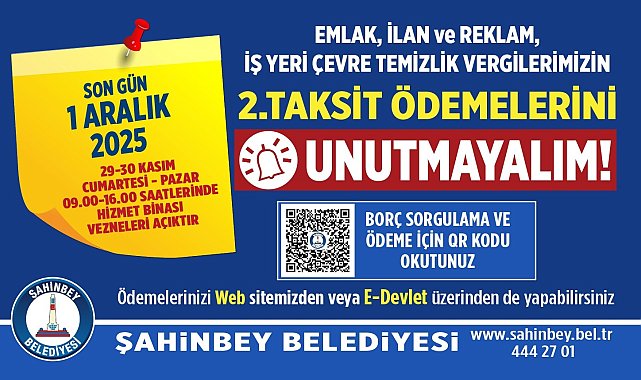 Şahinbey Belediyesi'nden vergi borcu hatırlatması: Son gün 1 Aralık