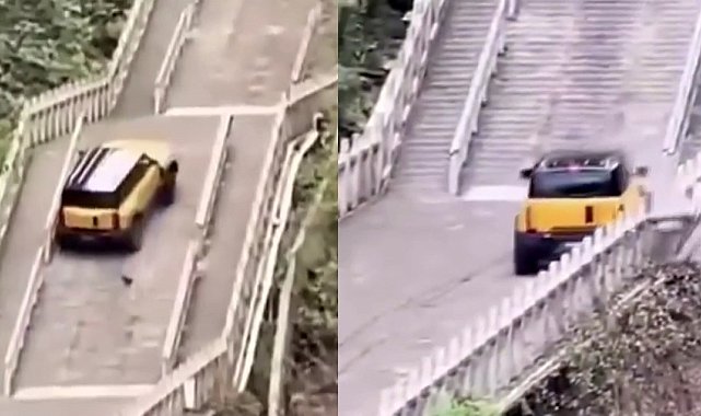 Tianmen Dağı'nın 999 merdivenini tırmanan test aracı tarihi yapıya zarar verdi