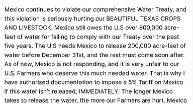 ABD Başkanı Trump'tan Meksika'ya su anlaşması uyarısı: "Yeterli su serbest bırakılmazsa, yüzde 5 gümrük vergisi uygulanacak"