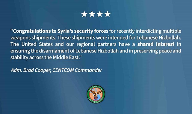 ABD'den Suriye'ye Hizbullah'a silah sevkiyatını engellediği için tebrik