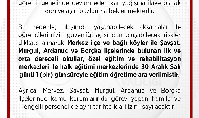 Artvin merkez ve 4 ilçede kar nedeniyle eğitime 1 gün ara verildi