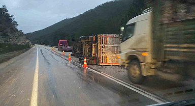 Bolu'da odun yüklü tır devrildi