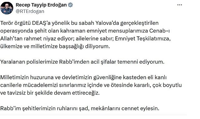 Cumhurbaşkanı Erdoğan: "Eli kanlı canilerle mücadelemizi sınırlarımız içinde ve ötesinde kararlı bir şekilde devam ettireceğiz"