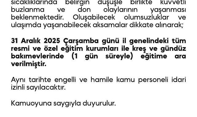 Diyarbakır'da okullar çarşamba günü tatil edildi