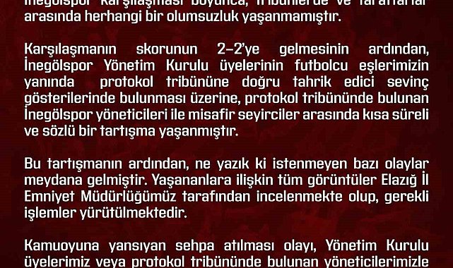 Elazığspor'dan olaylara ilişkin açıklama