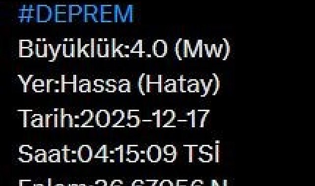 Hatay'da 4.0 büyüklüğünde deprem