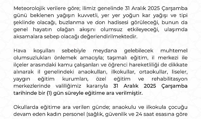 Kayseri'de eğitime 1 gün ara verildi