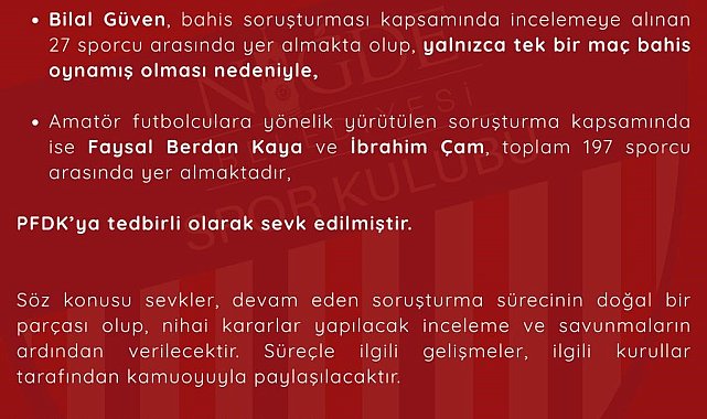 Niğde Belediyespor'dan futbolcularla ilgili bahis soruşturmasına ilişkin açıklama