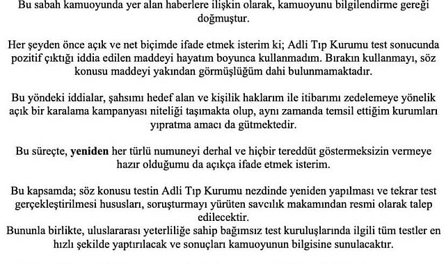 Sadettin Saran: "Test sonucunda pozitif çıktığı iddia edilen maddeyi hayatım boyunca kullanmadım"