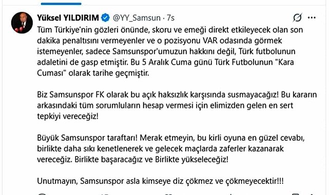 Yüksel Yıldırım: "Samsunspor asla kimseye diz çökmez ve çökmeyecek"