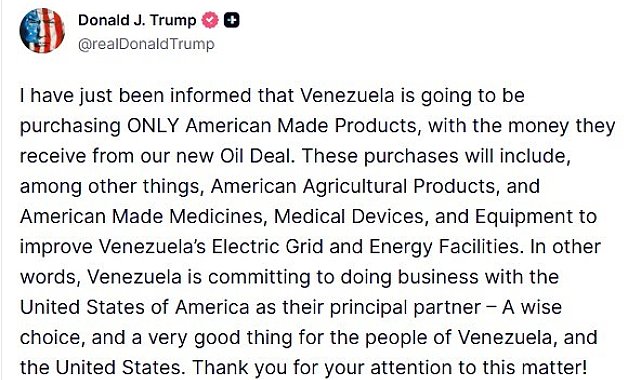 ABD Başkan Trump: "Venezuela, petrol anlaşmasından elde edeceği gelirle yalnızca ABD yapımı ürünleri satın alacak"