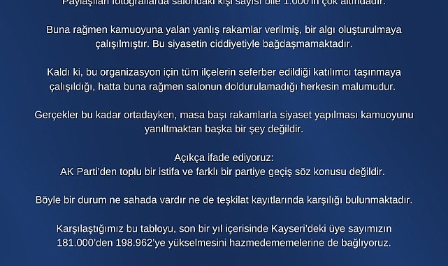 AK Parti Kayseri İl Başkanlığı: "AK Parti'den toplu bir istifa ve farklı bir partiye geçiş söz konusu değildir"